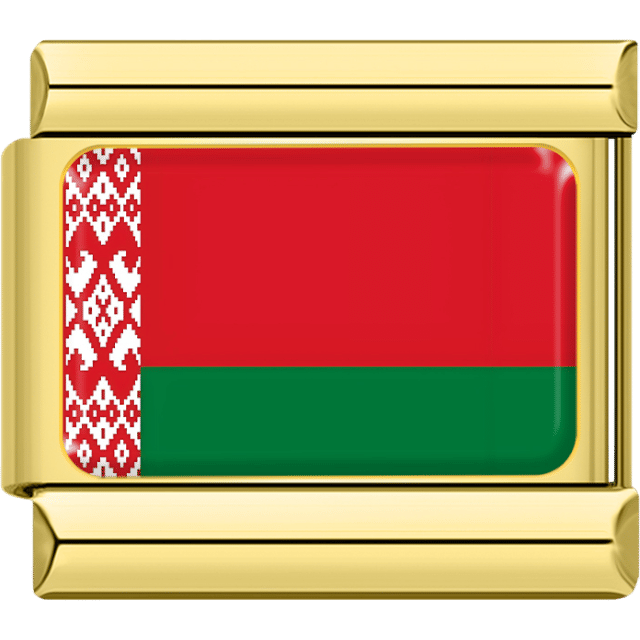 Gold rectangular Italian charm bracelet link featuring the flag of Belarus, with a red and green horizontal background and a white and red ornamental pattern on the hoist side.